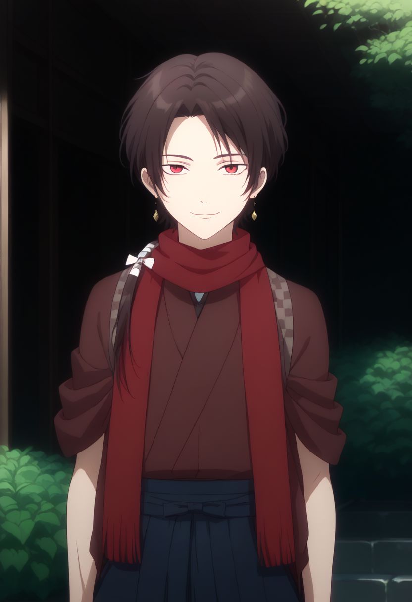 score_9, score_8_up, score_7_up, source_anime, highly detailed, 
kashuu, 1boy, male focus, japanese clothes, red eyes, scarf, solo, jewelry, earrings, nail polish, brown hair, mole under mouth, red nails, ponytail, hakama,
skirt, red scarf, hakama skirt, mole, smile,
outdoor, garden, japanese,