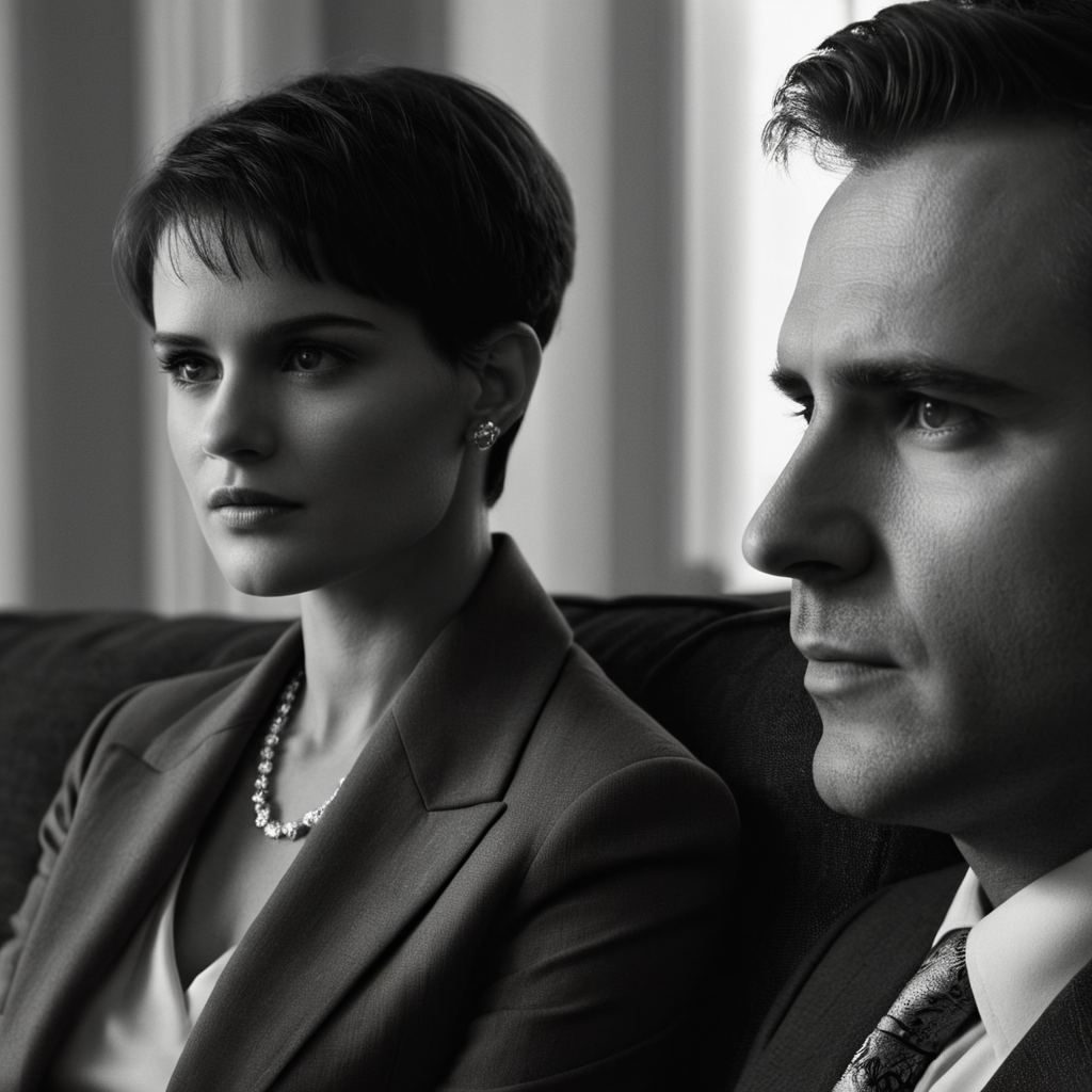 cinematic film still of  <lora:Split Diopter style:1>
Split image focus of closeup of a man looking at something next to a woman sitting on a couch,Split Diopter style,1girl,short hair,shirt,1boy,dress,holding,jewelry,sitting,monochrome,greyscale,necktie,collared shirt,indoors,window,formal,suit,lamp,very short hair,nearsighted,farsighted,split,split focus,focus,sharp focus,deep focus,Split focus,split screen , artistic, Kodak, dramatic light, dramatic shadow light, contrast, saturated color, cinematic, filmic, motion picture, realistic, realism, perfection, perfect, deep focus, clean image, wide screen, detailed image, cinematic, deep space composition, shallow depth of field, vignette, highly detailed, high budget, bokeh, cinemascope, moody, epic, gorgeous, film grain, grainy