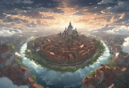 flying through a fantasy city. The buildings made of brick with the art style being that of an old anime. The clouds cast shadows along the land while godrays protrude through them. The bird is flying over a river that cuts along the center of the city with a beautiful reflection. The scene is highly detailed. 4k.hd.