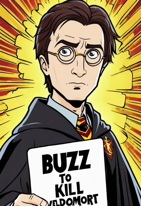 Harry Potter with a yellow cartoon lightning bolt on his forehead instead of his regular scar. 
He is holding a sign that says, "I need buzz to kill Voldemort"