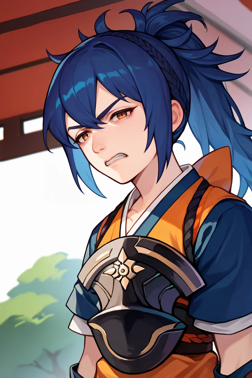 score_9, score_8_up, score_7_up, score_6_up, source_anime, 1girl, solo, <lora:feoboro-pdxl-nvwls-v1-000007:1> feobo, dark blue hair, ponytail, orange dress, blue sleeves, short sleeves, japanese armor, patterned pantyhose, grimace, clenched teeth, tired, shadowed eyes, upper body, looking at you, japanese architecture