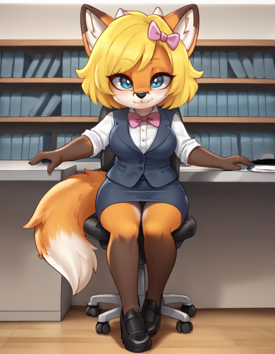 indoors,detaile background,library,
Katinka,1girl,solo,short hair,blonde hair,animal ears,fox ears,furry female,fox tail,blue eyes,hair bow,pink bow,fox girl,white fur,animal nose,bangs,body fur,two-tone fur,
full body,seductive smile,long eyelashes,
aged up, office lady, 
<lora:Katinka_v01_PDXL:1>,