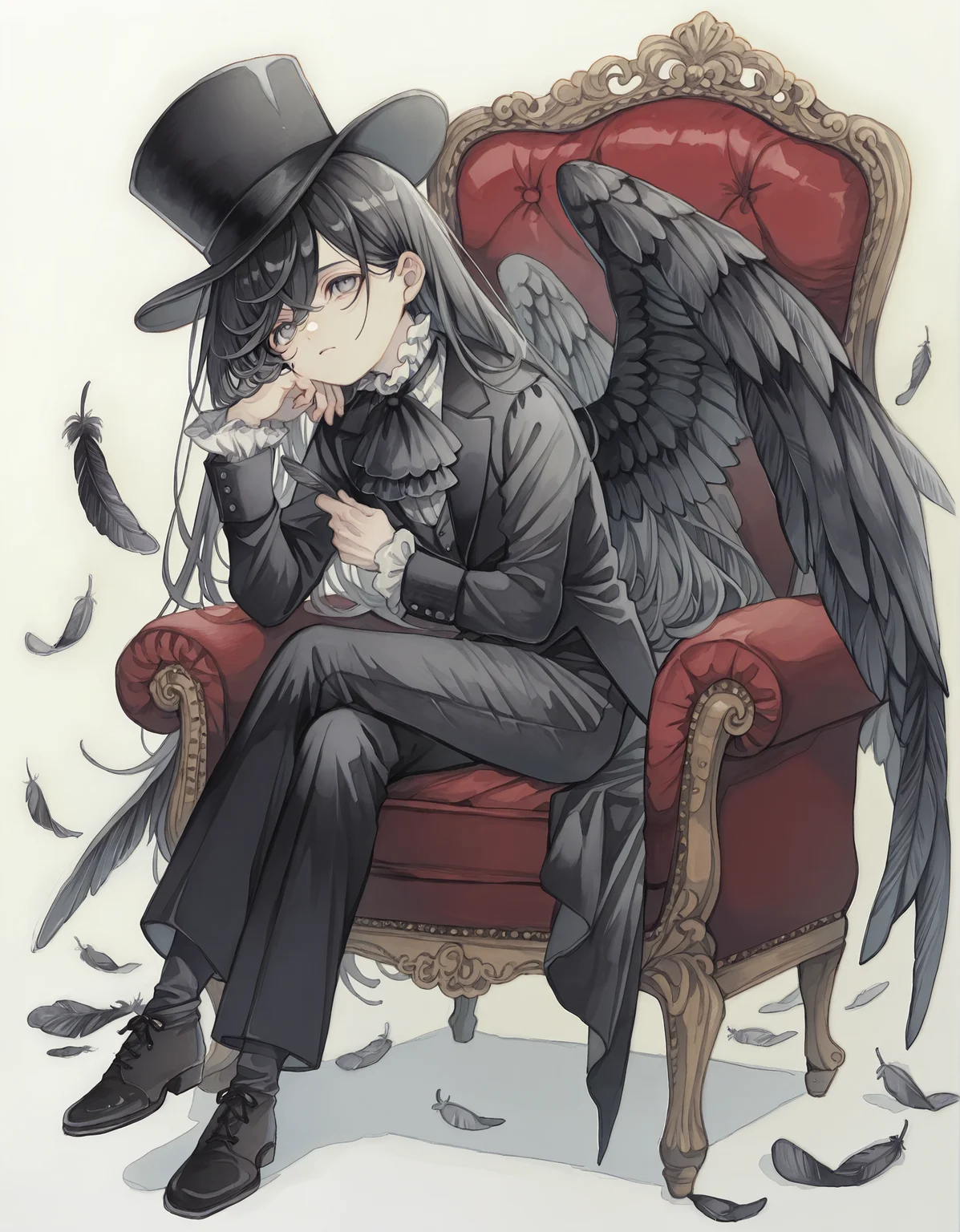 masterpiece, best quality, newest, highres, absurdres, <lora:rusetsuksr_style:1>,rusetsuksr_illu, hat, wings, long hair, solo, traditional media, feathered wings, painting (medium), 1boy, male focus, sitting, feathers, black hair, top hat, black headwear, pants, crossed legs, holding, black wings, long sleeves