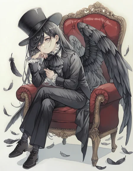 masterpiece, best quality, newest, highres, absurdres, <lora:rusetsuksr_style:1>,rusetsuksr_illu, hat, wings, long hair, solo, traditional media, feathered wings, painting (medium), 1boy, male focus, sitting, feathers, black hair, top hat, black headwear, pants, crossed legs, holding, black wings, long sleeves