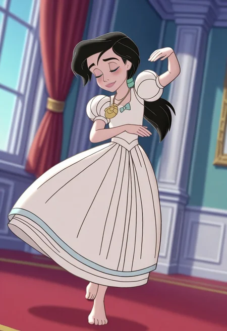 (screencap, official style:1.2), blurry background,
1girl, small breasts, (MelodyXL:1.1), black hair, blue eyes, ponytail, makeup, dress, puffy sleeves, necklace, full body, barefoot, feet, dancing, long skirt, light smile, closed eyes, dutch angle, cute pose, indoors, mansion, dynamic pose, cowboy shot, day
<lora:Melody_character-12:1>