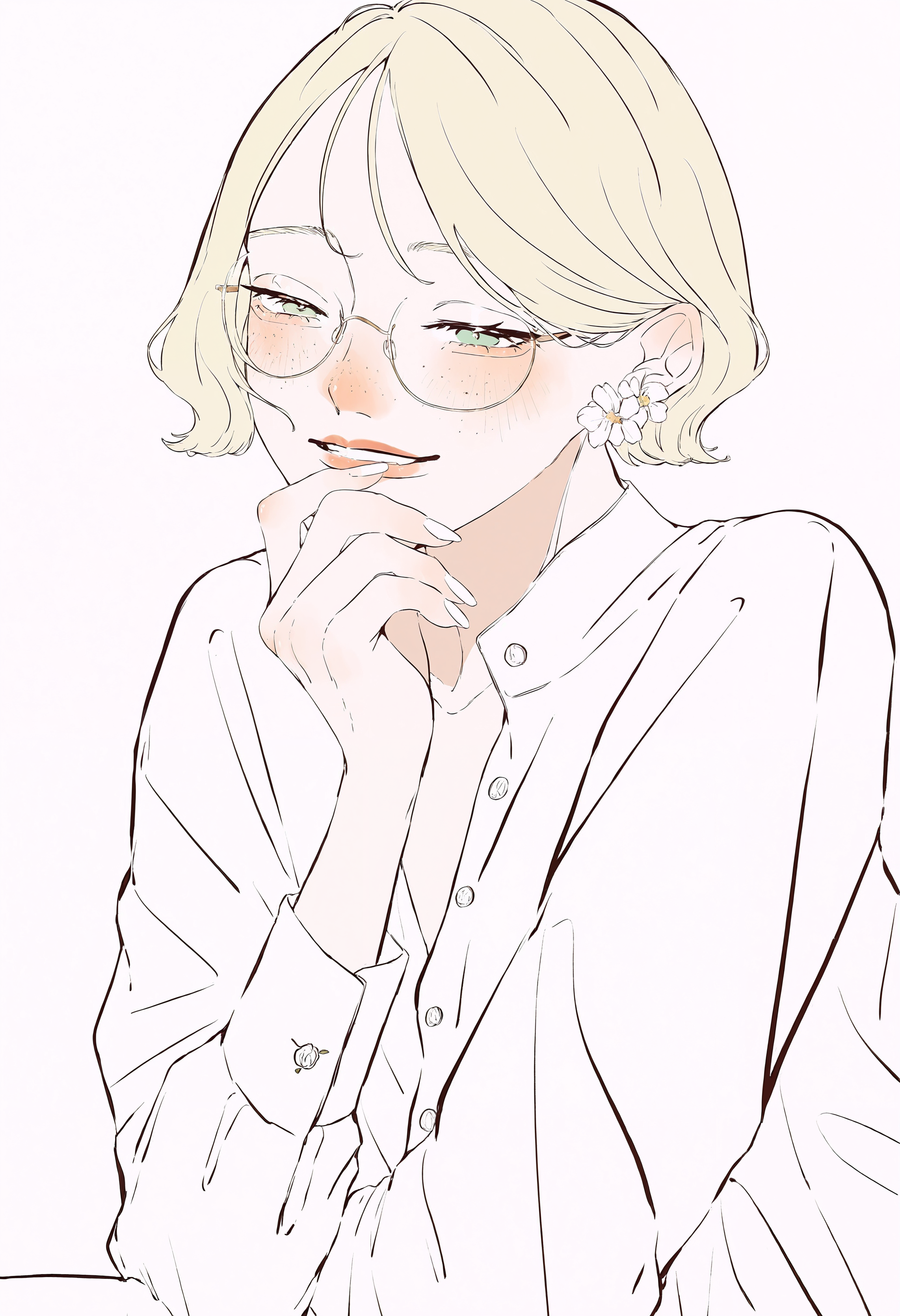 masterpiece, highres, absurdres, newest, very awa, blending,   1girl, solo, blonde hair, short hair, parted bangs, green eyes, semi-rimless eyewear, freckles, blush, lipstick, flower earrings, white dress shirt, partially unbuttoned top buttons, arm support, hand on own chin, looking at viewer, soft smile, half-closed eyes,   <lora:spo_sdxl_10ep_4k-data_lora_webui>,  <lora:TA_trained:0.35>,  <lora:NOOB_EPSv1_1_detailer_by_vlnvk_v0_5>,  <lora:shim_46:0.8>