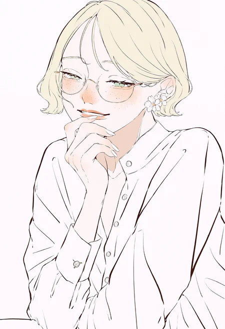masterpiece, highres, absurdres, newest, very awa, blending, 1girl, solo, blonde hair, short hair, parted bangs, green eyes, semi-rimless eyewear, freckles, blush, lipstick, flower earrings, white dress shirt, partially unbuttoned top buttons, arm support, hand on own chin, looking at viewer, soft smile, half-closed eyes, <lora:spo_sdxl_10ep_4k-data_lora_webui>, <lora:TA_trained:0.35>, <lora:NOOB_EPSv1_1_detailer_by_vlnvk_v0_5>, <lora:shim_46:0.8>