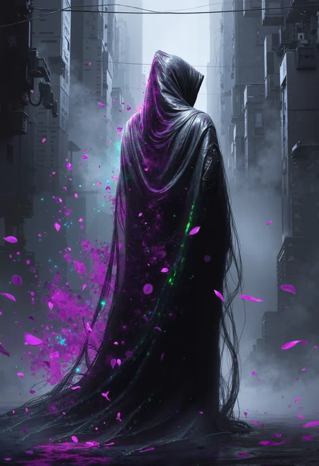 high quality, ultra detailed, colorful, abstract, fantasy, bo-bioluminescent, bo-abyss, a highly detailed digital artwork depicting a dark, mysterious figure standing in a foggy, urban setting, the figure is shrouded in a hooded cloak, which is draped over their shoulders and obscures their face, creating a sense of mystery and foreboding, the cloak is made of a soft, silky fabric that drapes over the figure's shoulders, adding to its ethereal quality, the garment is intricately designed with metallic textures and patterns, featuring a mix of silver and purple hues, giving it a mystical and otherworldly appearance, the background is blurred, but it appears to be a cityscape with tall buildings and a misty, ethereal atmosphere, the ground is wet, suggesting recent rain, and scattered purple petals are floating in the air, adding a surreal and dreamlike quality to the scene, the overall color palette is dominated by shades of purple and white, with some hints of blue and green, enhancing the sense of otherworldly beauty, the artwork is highly realistic, with a focus on texture and depth, typical of high-end digital art, partially blended with abstract digital elements. The scene has a dark, moody ambiance. The background features layers of glitch art, fragmented texts, and metallic textures. contrasting against the monochromatic tones of black, grey, and hints of green. Smudged paint and scratches add a sense of decay and technology<lora:Flux\boFLUX Bioluminescent Dreams v1.safetensors:0.85:0.85> <lora:Flux\boFLUX digital-abyss.safetensors:1.0:1.0>