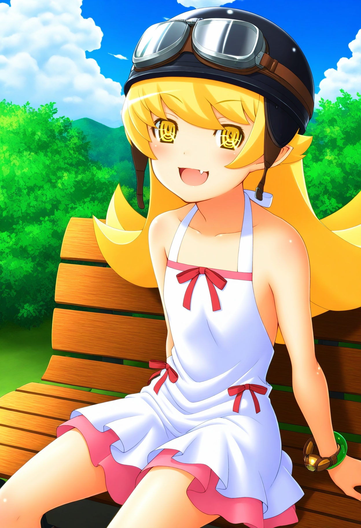 1girl, solo, looking at viewer, park bench, outdoors, sitting, smile, cowboy shot, oshino shinobu, open mouth, long blonde hair, 
dress, bare shoulders, yellow eyes, fang, black helmet, goggles on helmet,
BREAK outdoors, park bench, sky, day, cloud,  <lora:shinobu_dmdsk_IL:1>dmdsk