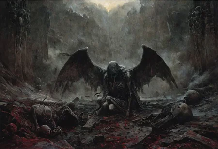 beauty and darkness. dead angel Laing ,scary laree angel sculpture,
The death angel kingdom is a place of contrasts dark and red scary tension colours,  where death consume landscape ,otherworldly stillness, their peaks obscured by swirling mist, create a majestic backdrop for the kingdom. The air is heavy with an otherworldly stillness, broken only by the soft rustling of wings as death angels , tapestry of haunting beauty. Dark, delve into the depths of the death angel kingdom, exploring the themes of life, death, and the transcendence of the human spirit.sad , bad tension , broken scary sculpture, sculpture representing death and sorrow, scary tension ,end of hopes ,silence, extremely detailed,dark,sad,digital artwork by Beksinski