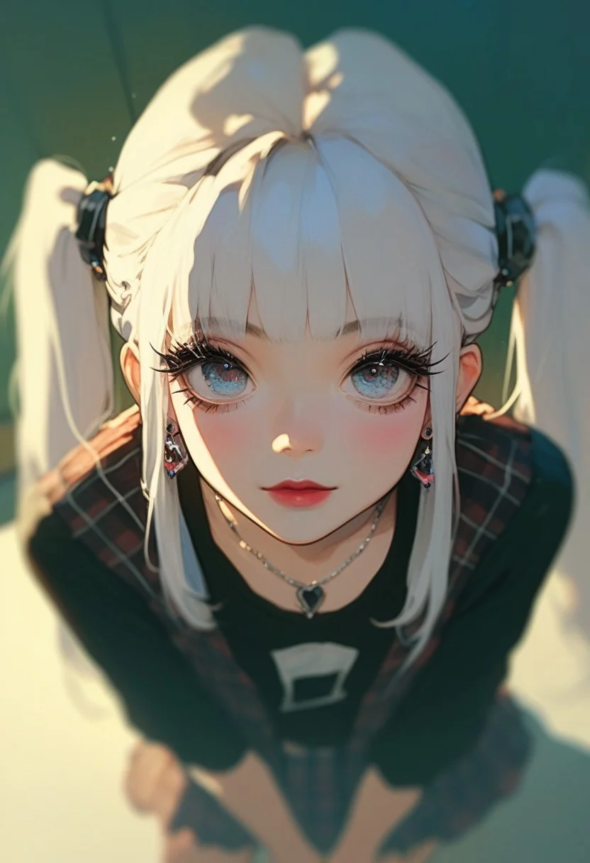 Score_9, score_8_up, score_7_up, score_6_up, score_5_up, score_4_up,1girl, an anime lady in an art style with bleached hair and lipstick, 1girl, solo, jewelry, skirt, twintails, long hair, earrings, bangs, necklace, plaid skirt, looking at viewer, White hair, long cute eyelashes, bowing her head, emo clothes, dynamic angle, blurry effect, dust, from above,