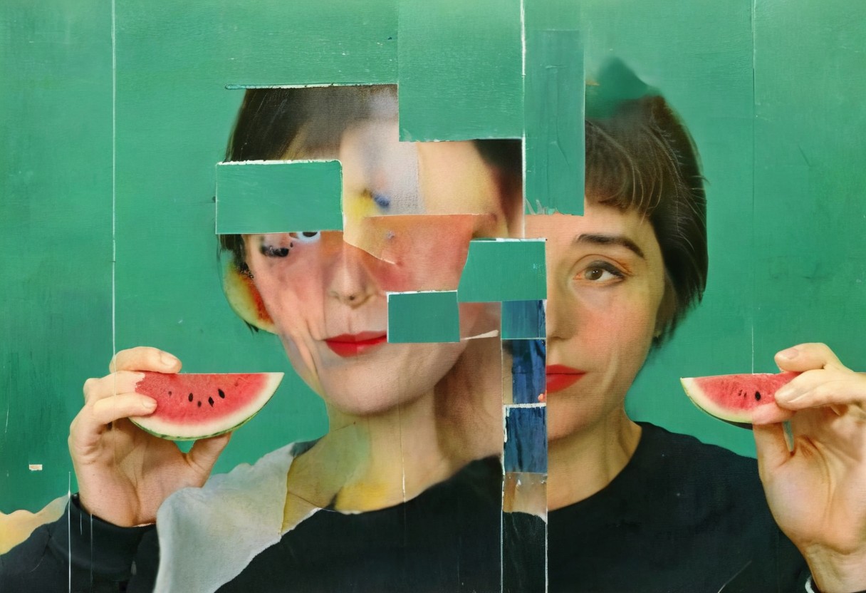 A closeup photo, of pretentious male and female Artists,  in a messy artist painting studio, staring into camera, behind them are abstracted watermelon paintings, Leica M3, depth of field, dramatic lighting, complex shadows, golden hour, expired film, in the style of nan goldin, film grain, poor quality,