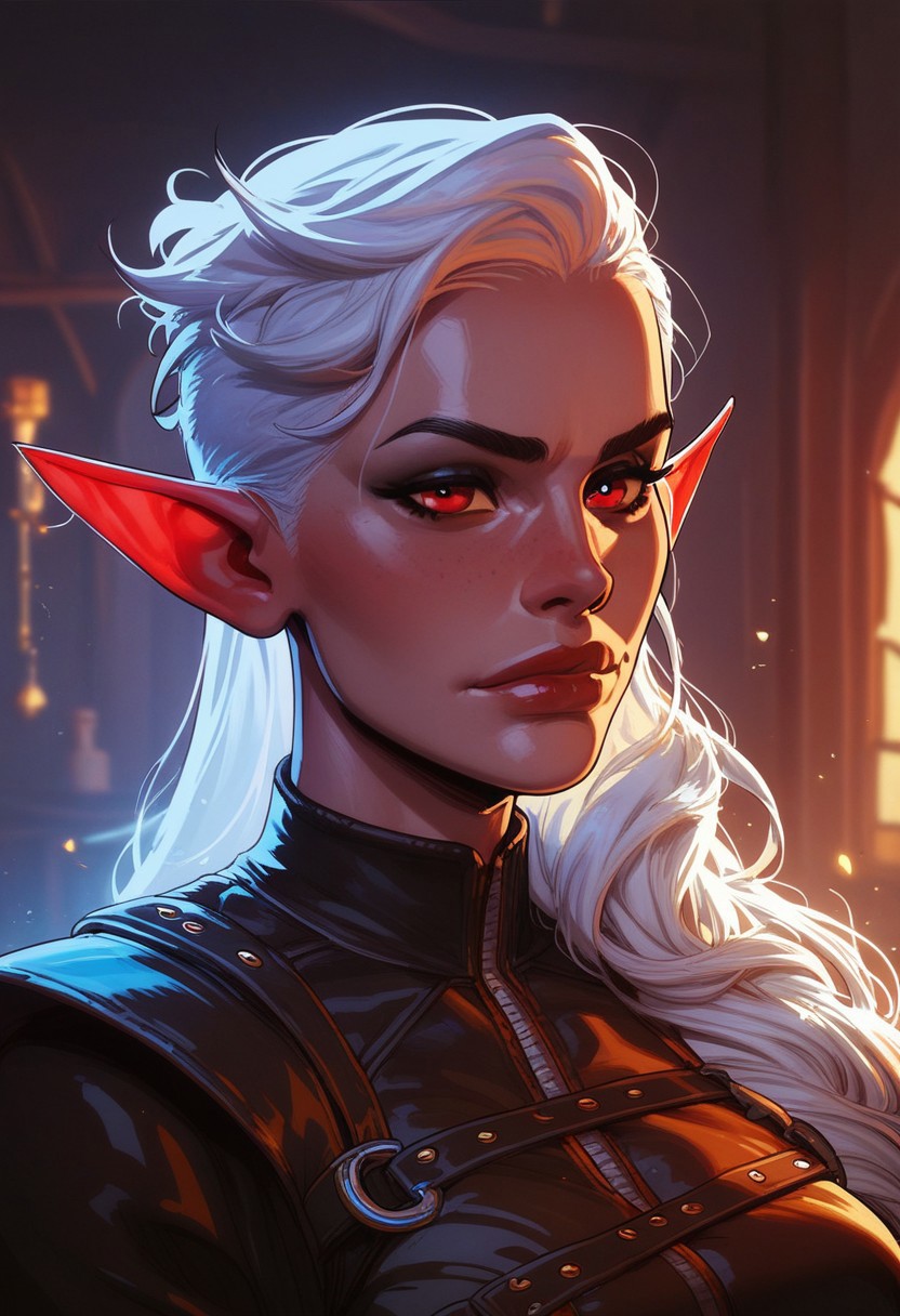 score_9, score_8_up, score_8, score_7_up, score_7, score_6_up, score_6, score_5_up, Score_5, MintharaBG3, colored skin, pointy ears, red eyes, undercut, long hair, white hair, MinUnd, leather, vox machine style, 1girl, female focus, solo, portrait, tavern interior background, fantasy, (dynamic lighting:1.1)
((masterpiece))