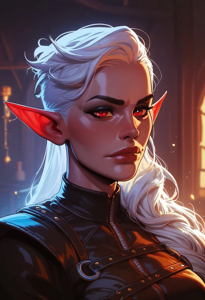 score_9, score_8_up, score_8, score_7_up, score_7, score_6_up, score_6, score_5_up, Score_5, MintharaBG3, colored skin, pointy ears, red eyes, undercut, long hair, white hair, MinUnd, leather, vox machine style, 1girl, female focus, solo, portrait, tavern interior background, fantasy, (dynamic lighting:1.1)
((masterpiece))