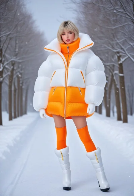 Thick down padded jacket, Thick puffer padded jacket, very cold, winter, snow, snowing, lumine (genshin impact), half-realistic, short hair, short hair with long locks, blonde hair, bangs, sidelocks, hair between eyes, yellow eyes/orange eyes, white gloves, fingerless gloves, thigh boots, white footwear, high heel boots,  (inflatable pressure cuffs:1.8), (inflatable pressure collar:1.8), Thick padded cuffs, Thick padded collar, <lora:Collar-SDXL:0.6>, <lora:Cuffs-SDXL:0.6>, <lora:Puffer_Jacket_and_Down_Jacket_-_Extra_Puffy_Jackets:0.6>