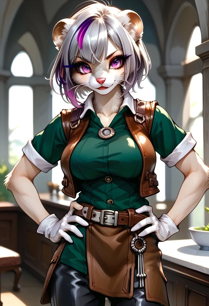 score_9, score_8_up, score_7_up, source_furry, WSG02, weasel girl, weasel ears, weasel tail, fluffy, body fur, natgra2, gray eyes, short hair, (silver hair, violet highlights:1.5), steel greaves, plated footwear, brown skirt, black pants, green shirt, brown leather vest, silver belts, white gloves, silver chest plate, full body view, large breasts, hands on hip