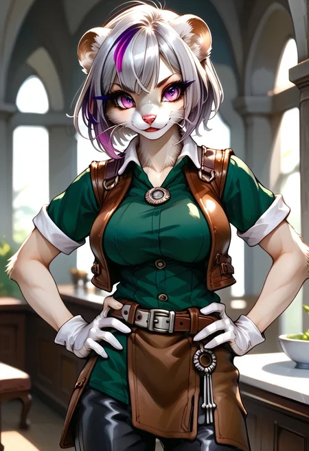 score_9, score_8_up, score_7_up, source_furry, WSG02, weasel girl, weasel ears, weasel tail, fluffy, body fur, natgra2, gray eyes, short hair, (silver hair, violet highlights:1.5), steel greaves, plated footwear, brown skirt, black pants, green shirt, brown leather vest, silver belts, white gloves, silver chest plate, full body view, large breasts, hands on hip