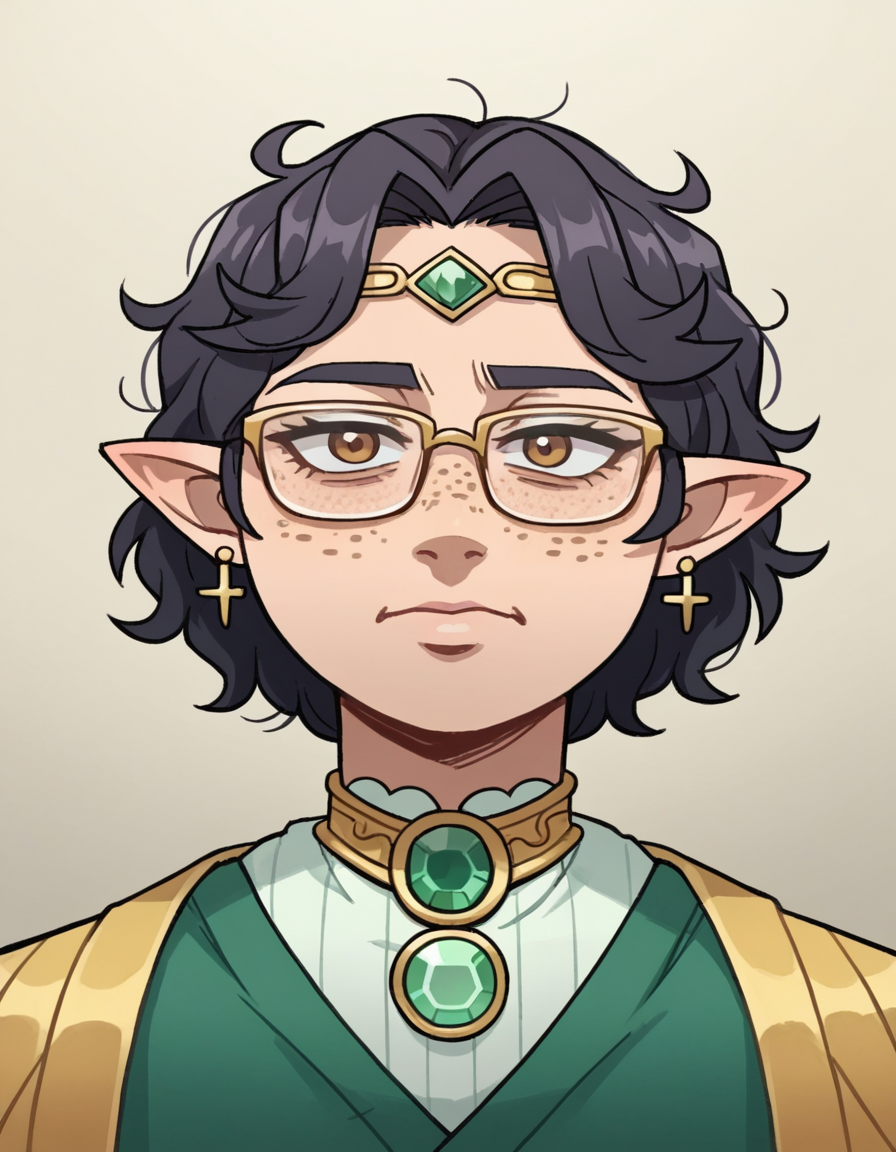 zPDXL, score_9, score_8_up, score_7_up, source_anime, 8k, absurdres, 
1girl, solo,  <lora:Vanitaker:0.8> vanitaker, <lora:GinoXL:0.8> ginoxl, black hair, glasses, plump, short, brown eyes, real life insert, wavy hair, short hair, messy hair, tanned,, elf wearing a soft purple gossamer blouse with intricate embroidery, pleated skirt  , brocade elven stockings with delicate patterns, crystal adorned heels, leaf-shaped ring,moonstone ring, gold dust freckles, silver circlet with gem, upper body, portrait,