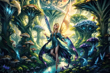 <lora:FeyAndFairies:1> FeyFa, magical fantasy, scene, forest, river, huge mushrooms, moonlight, <lora:Fairy:1> fairy, wings, long hair, pointy ears, bare legs, barefoot, sheer dress, off shoulder, smile, braid, best quality, masterpiece, <lora:more_details:0.65>, 1girl, solo