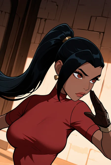 <lora:ovkai-10:1> ovkai, 1girl, long hair, black hair, dark skin, ponytail, earrings, lips, red shirt, short sleeves, turtleneck, fingerless gloves, cartoon, dynamic pose, masterpiece, best quality, amazing quality, very aesthetic, absurdres, newest,