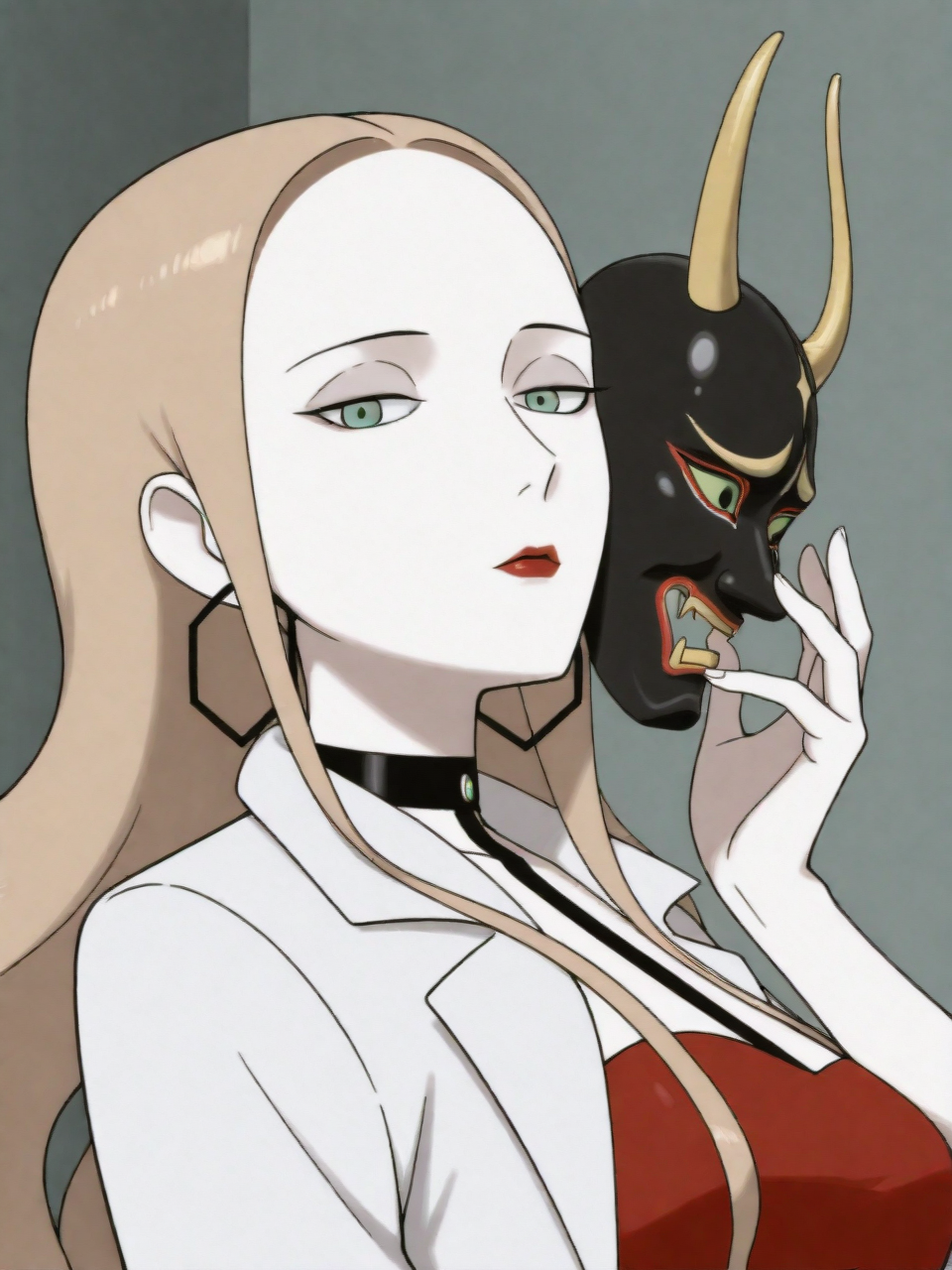 ILXLpos,zzOleana, green eyes, blonde hair, long hair, red lips,hoop earrings, black choker, red shirt, black pencil shirt, white coat,upper body,holding a hannya mask,<lora:Oleana:0.8>,<lora:Hannya IL:0.8>