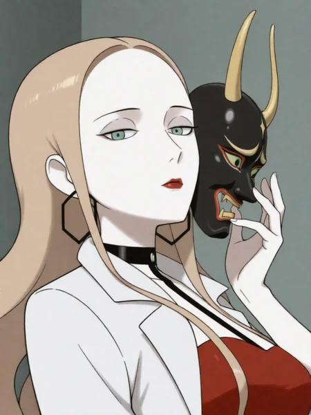 ILXLpos,zzOleana, green eyes, blonde hair, long hair, red lips,hoop earrings, black choker, red shirt, black pencil shirt, white coat,upper body,holding a hannya mask,<lora:Oleana:0.8>,<lora:Hannya IL:0.8>