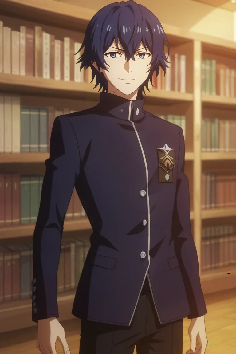 score_9, score_8_up, score_7_up, , rating_safe, , anime screencap, anime coloring, , looking at viewer, depth of field, 1boy, solo, male focus, <lora:ayato_kirishima_pony:0.86>, ayato_kirishima, blue hair, blue eyes, hair between eyes, , , symmetry, library, books, day, sunny, lying, on back, smile, suit trousers,, <lora:sdxl_lightning_8step_lora:1>
