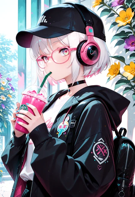 lazypos, 1girl, solo, looking at viewer, short hair, shirt, long sleeves, hat, holding, jacket, white shirt, upper body, white hair, flower, open clothes, choker, glasses, hood, pink eyes, nail polish, bag, black jacket, cup, black headwear, black choker, leaf, headphones, hood down, white flower, backpack, holding cup, hooded jacket, pink flower, baseball cap, blue nails, drinking straw, yellow flower, multicolored eyes, purple flower, drinking, disposable cup, colorful, pink-framed eyewear
