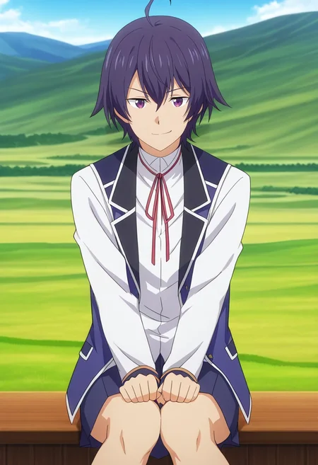 masterpiece, best quality, anime screencap, official style, anime coloring, cowboy shot, 1boy, solo, male focus, <lora:shin_wolford_ilxl:0.9>, shin_wolford, purple hair, purple eyes, short hair, ahoge, hair between eyes, school uniform, red ribbon, vest, white shirt, neck ribbon, rule of thirds, hill, midnight, knees together feet apart, smirk,
