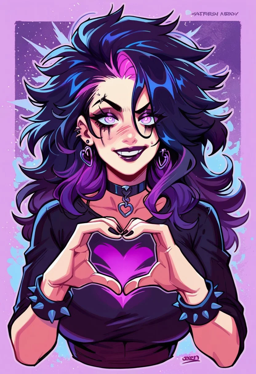 score_9, score_8_up, score_7_up, high quality, bright multi colored eyes, 1 goth women fully clothed for winter,  ((black choker, cheap clothes, heart hands, crazy wild hair style)),   geometric Purple hearts all over background background, large breasts,  long hair,   love,   milfs,  aesthetic, face in love, (Purple glowing border around image,:1.3)
