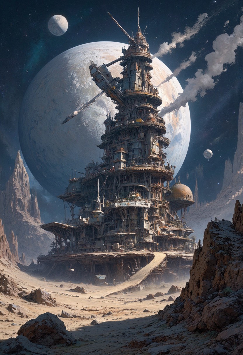 mythp0rt, masterpiece oil painting, landscape of a futuristic sci-fi moon base, gleaming metals and ceramics, domes, cratered environment, dusty, thin haze, a large planet dominating the skyline