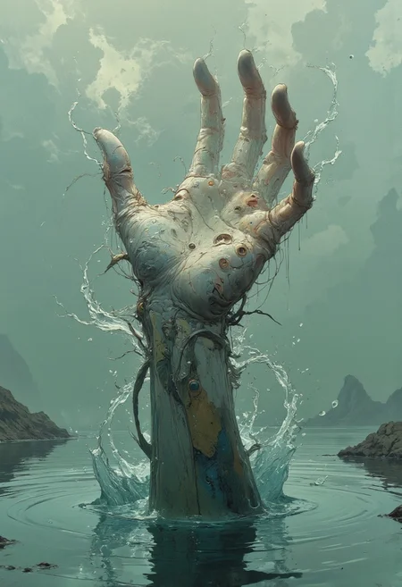 Surreal hand emerging from water, dreamlike and ethereal
