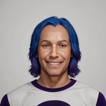 criss metaxvoor, 1boy, solo, male focus, realistic, blue hair, facial hair, grey background, shirt, black eyes, simple background, upper body, smile, stubble, looking at viewer, BREAK DynaPortrait_PDXL, BREAK zPDXL