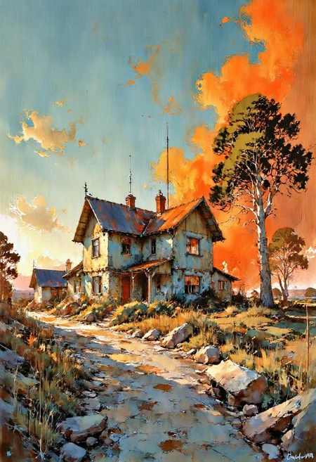 A sketch of a small historical house ablaze during a catastrophic house fire. The glimpse of the surrounding beautiful Scandinavian countryside is at odds with the vicious destruction of the fire.