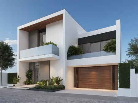 Architectural style Architectural style, <lora:JJsMInimalistStyleHouse_XL:1>, ((MInimalist Style House)),(masterpiece) , ((best quality)), dramatic lighting, high quality outdoors, sky, day, cloud, tree, blue sky, building, scenery, road, real world location, sunlight, enough detail, high resolution,super realistic, Photorealistic, highly detailed, balcony, plants, door, car, paving, , architectural drawing, highly detailed , . Clean lines, geometric shapes, minimalist, modern, architectural drawing, highly detailed