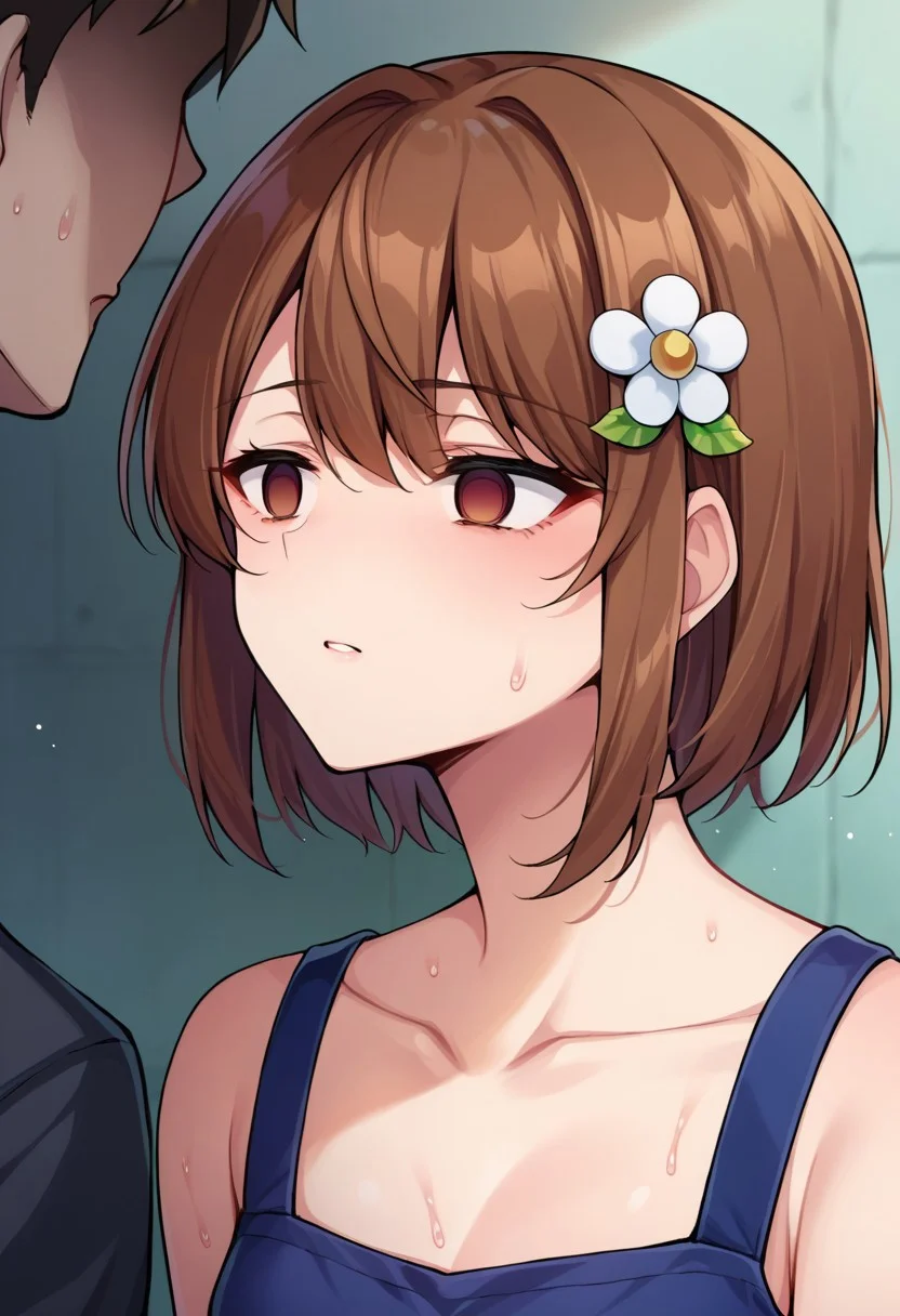 score_9, score_8, score_7, source_anime, empty eyes, collarbone, sweat, 1boy, brown hair, hair ornament