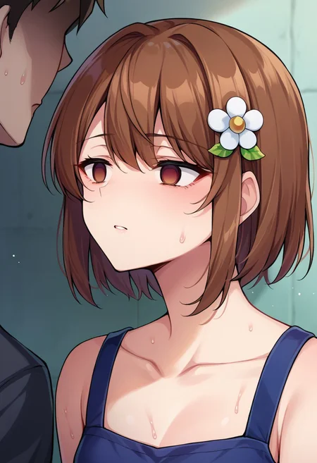 score_9, score_8, score_7, source_anime, empty eyes, collarbone, sweat, 1boy, brown hair, hair ornament
