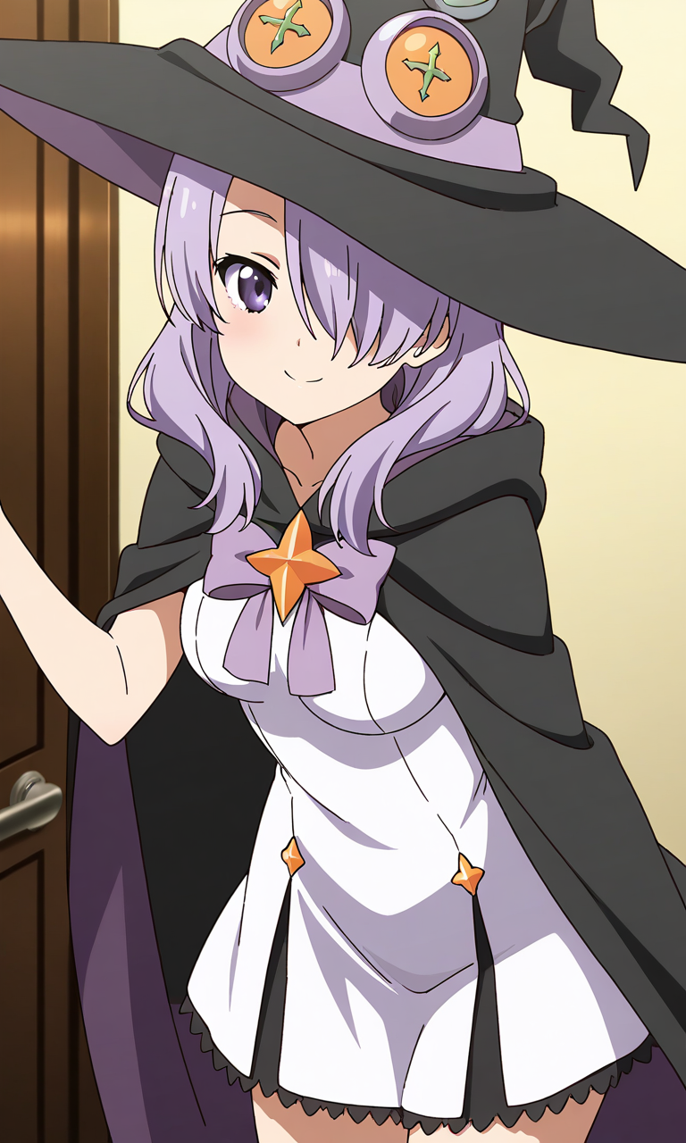 masterpiece, best quality, good quality, <lora:Nanako_Houkago_no_Pleiades_IS:0.8>
Nanako(Pleiades), 1girl, purple hair, hair over one eye, purple eyes, long hair, breasts, anime coloring, 
purple ribbon, hair over one eye, long hair, breasts, 1girl, solo, smile witch hat, looking at viewer, home in the room, cowboy Shot, white dress, black cloak,