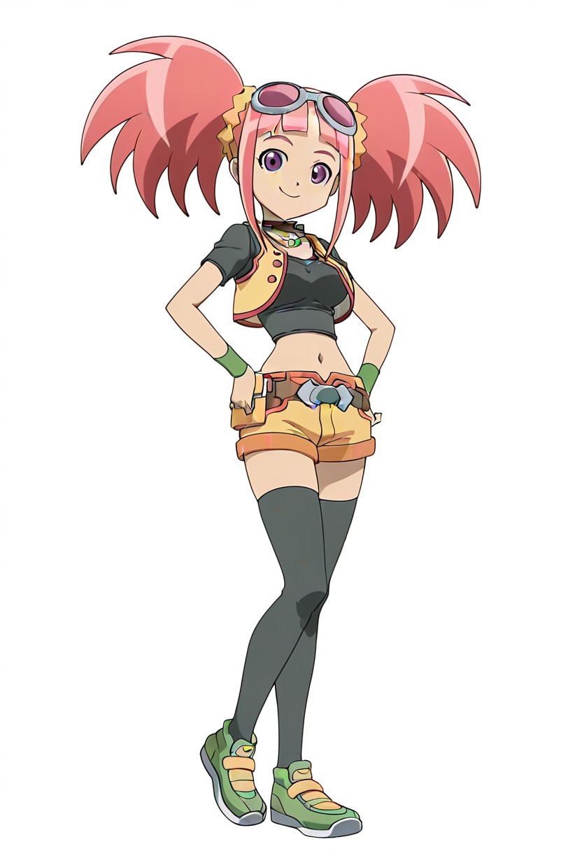 (((best quality))), (((masterpiece))), absurdres, official style, source_anime, 1girl, solo, zoe \(dinosaur king\), pink hair, twintails, bangs, purple eyes, goggles on head, green choker, black shirt, black crop top, short sleeves, yellow vest, midriff, navel, belt pouch, yellow shorts, black thighhighs, shoes, full body, smile