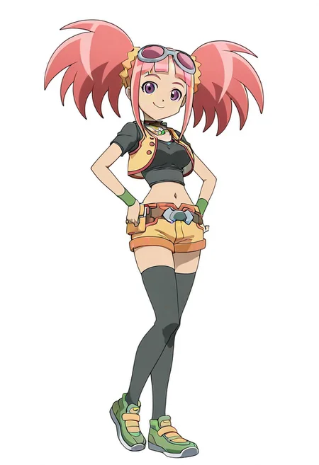 (((best quality))), (((masterpiece))), absurdres, official style, source_anime, 1girl, solo, zoe \(dinosaur king\), pink hair, twintails, bangs, purple eyes, goggles on head, green choker, black shirt, black crop top, short sleeves, yellow vest, midriff, navel, belt pouch, yellow shorts, black thighhighs, shoes, full body, smile