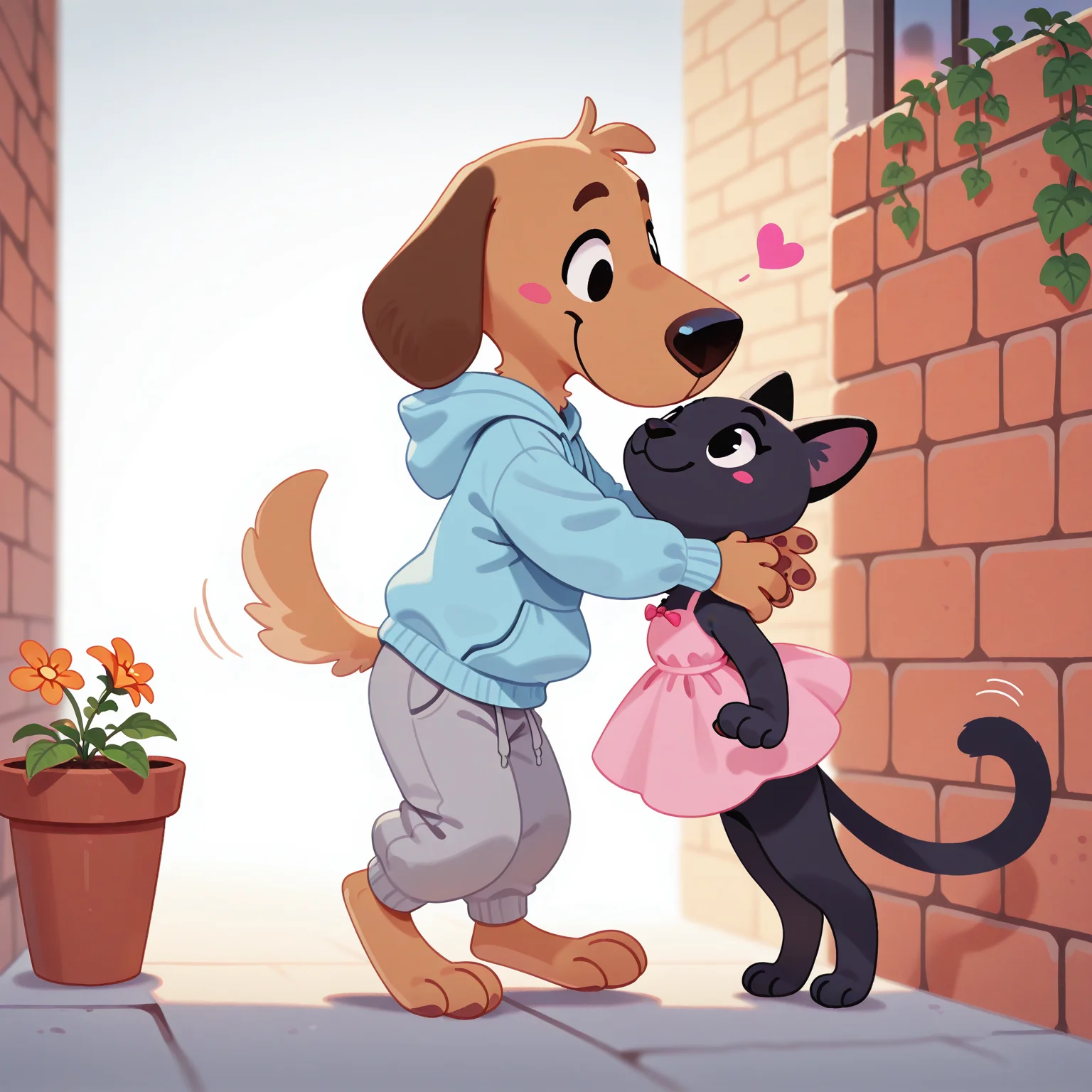 masterpiece, best quality, amazing quality, very aesthetic, absurdres, newest, cute, pikaole, male, anthro, furry, dog, black ears, floppy ears, black eyes, brown fur, blue hoodie, hood down, gray sweatpants, BREAK, (hugging anthro black cat), pink dress, BREAK, nuzzle, smiling, wagging tail, alley, brick wall, ivy, windowsill, flower pot, dusk, full body, pink heart, (depth of field), (4 fingers), <lora:Striker_-_1994_FIFA_World_Cup_Mascot_Illustrious:1.2> <lora:pikaole:1>