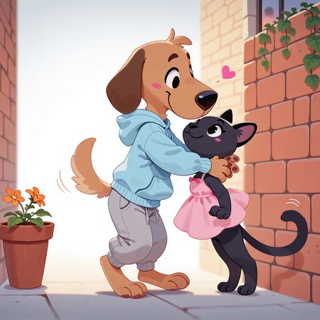 masterpiece, best quality, amazing quality, very aesthetic, absurdres, newest, cute, pikaole, male, anthro, furry, dog, black ears, floppy ears, black eyes, brown fur, blue hoodie, hood down, gray sweatpants, BREAK, (hugging anthro black cat), pink dress, BREAK, nuzzle, smiling, wagging tail, alley, brick wall, ivy, windowsill, flower pot, dusk, full body, pink heart, (depth of field), (4 fingers), <lora:Striker_-_1994_FIFA_World_Cup_Mascot_Illustrious:1.2> <lora:pikaole:1>