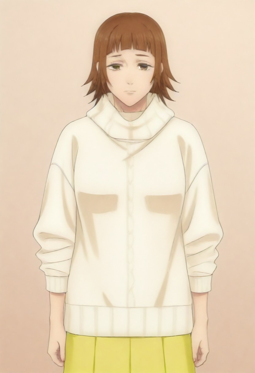 masterpiece, best quality, amazing quality,,, shiny skin,,,,,,,,yuozawa, brown_eyes, brown_hair, short_hair, blunt_bangs,, turtleneck, white_sweater, long_skirt, yellow_skirt,