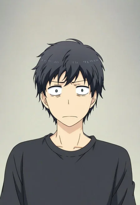 high resolution, solo, best quality, 1Boy, Arata Kaizaki, Black Hair, potrait, dark shirt, looking at viewer, focused gaze forward, simple background, straight body, upper body, head upright, confusion, OverallDetail