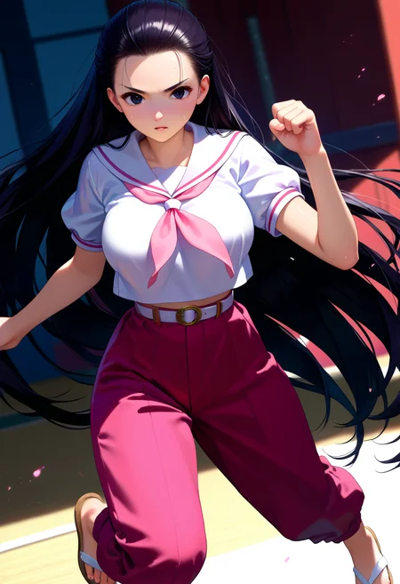 score_9, score_8_up, score_7_up, score_6_up, score_5_up, source_anime,
1girl, solo,
<lora:super_oume_otane:1>, black eyes, hair slicked back, very long hair, black hair, white serafuku, school uniform, pink neckerchief, pink pants, white belt, sailor collar, short sleeves, sandals:0.5
shiny skin, sweat, big breasts, upper body, fighting stance,