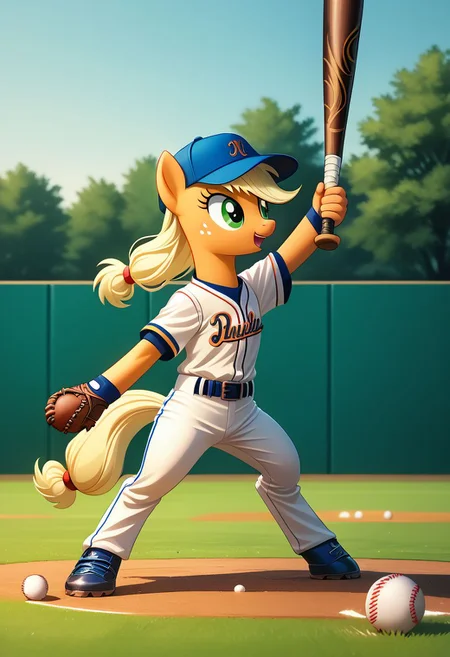 EnD_Niji_Sports, source_pony, AppleJack playing baseball,  baseball cap, sportswear, white pants, baseball bat, baseball, baseball uniform, holding baseball bat, BREAK PonyXLV6_Scores
