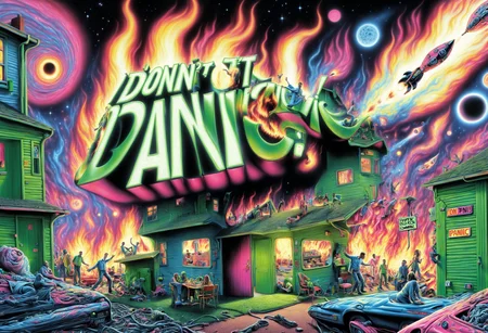 DonMD0n7P4n1cXL, text "DON'T PANIC!", hyper detailed masterpiece, dynamic realistic digital art, awesome quality,lilliputian suburb,flames suburb,extremist ravine distortion,equinox, low-light,relaxing,flourishing,diverse communities,homey,customer service,quizzical,joyful  <lora:DonMD0n7P4n1cXL:1>