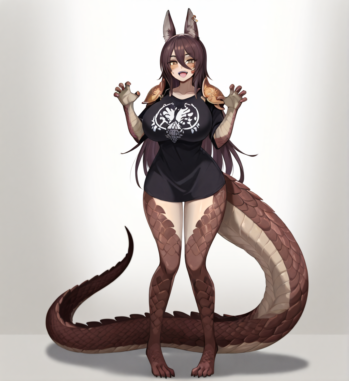 <lora:MIHO:1>,1girl, huge breasts, wide hips, :d, animal ear fluff, animal ears, animal feet, armor, black shirt, brown hair, brown scales, claw pose, claws, collarbone, colored skin, ear piercing, hair between eyes, hands up, long hair, looking at viewer, monster girl, multicolored skin, oversized forearms, oversized limbs, pauldrons, piercing, pigeon-toed, scales, shirt, shoulder armor, smile, solo, standing, tail, teeth, upper teeth only, yellow eyes, 
very awa, masterpiece, best quality, highres, absurdes,amazing quality,very aesthetic,intricate details, <lora:hand 5.5:1>