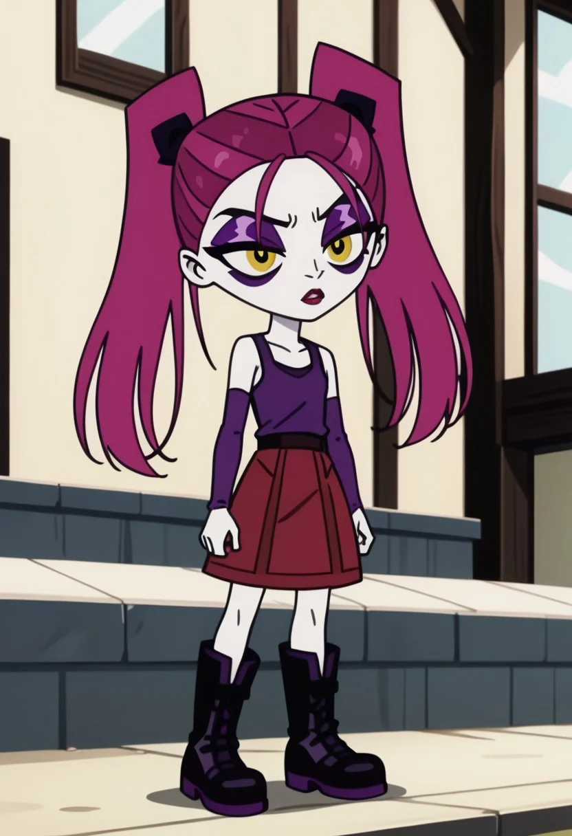 score_9, score_8_up, score_7_up BREAK RavenCrp, 1girl, pale white skin, dark pink hair, yellow eyes, black eyeliner, purple eyeshadow, purple mascara, red lipstick, black scrunchies, pigtails, purple tank top, purple arm warmers, red skirt, black boots with purple accents, screenshot, official art, parody, anime footage, official design, screencap, anime screenshot, official screenshot, 2d, anime, source_anime, full body,