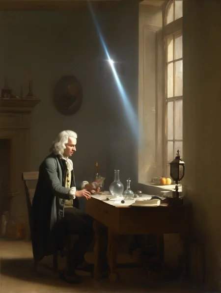 <lora:Jean-Baptiste-Simeon Chardin Style:1>Jean-Baptiste-Simeon Chardin Style - Film realistic style, in 1665, Isaac Newton through a beam of sunlight penetrating a small hole in the room through a glass prism, thus discovering the spectrum.